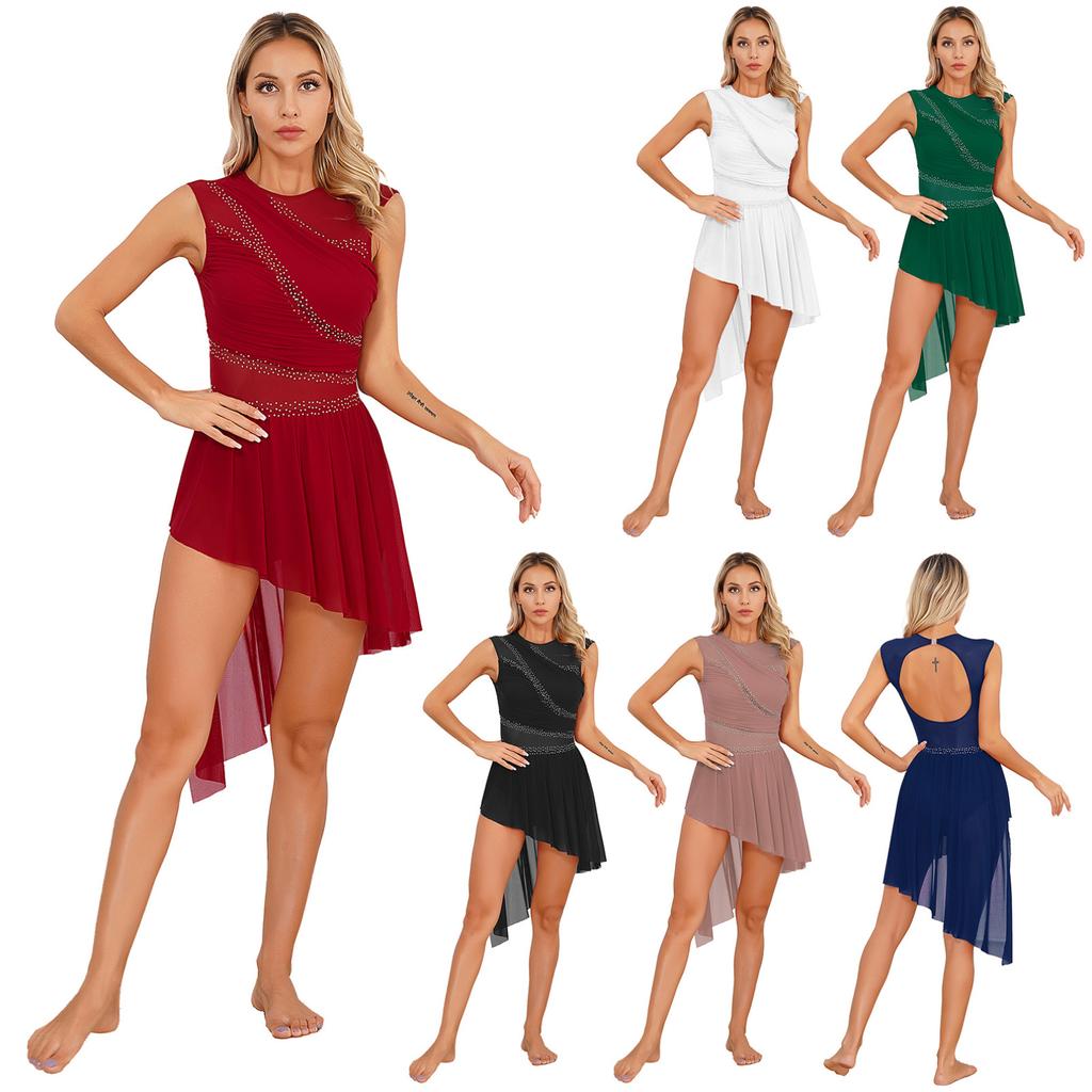 Women's Lyrical Latin Dance Dresses Asymmetric Skirted Leotard Modern Contemporary Dancing Costume