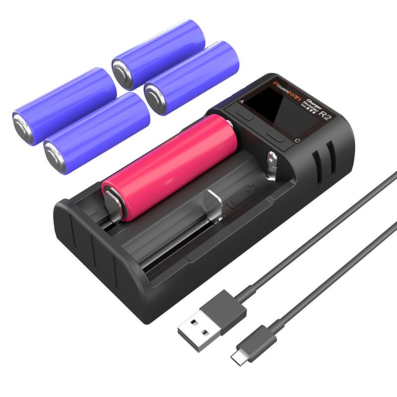 Зарядное устройство POWERKAN R2 с ЖК-дисплеем. Подходит для зарядки 2 литий-ионных аккумуляторов 3,7 В различных размеров и 1,2 В NiMH аккумуляторов AA AAA.