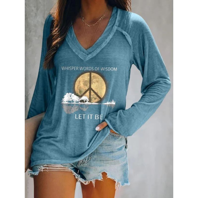 Ilstile Women's Hippie Style Print T-Shirts  Long Sleeve V Neck Tops Casual Loose Tees Fashion Female Clothing