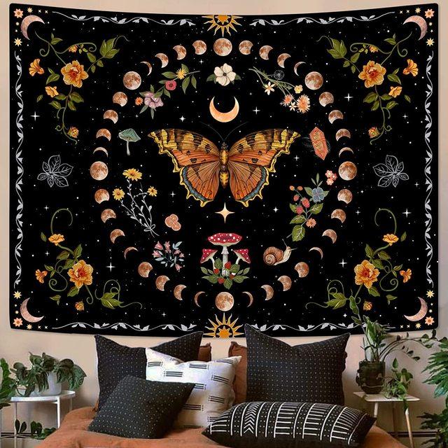 Moon Phase Tapestry Wall Hanging Butterfly Flower Boho Floral Plant Botanical Tapestries Window Vintage Carpets For Living Room