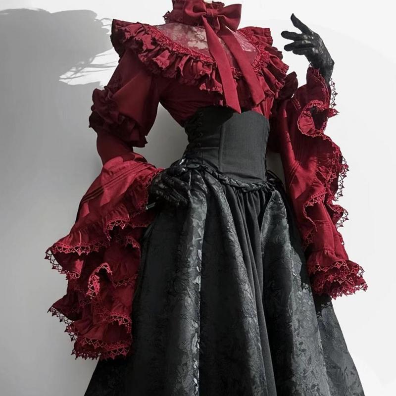Винтажное кружевное лоскутное платье с длинным рукавом в стиле Лолита, женские рубашки с завышенной талией, средней длины, свободные юбки, весна-осень