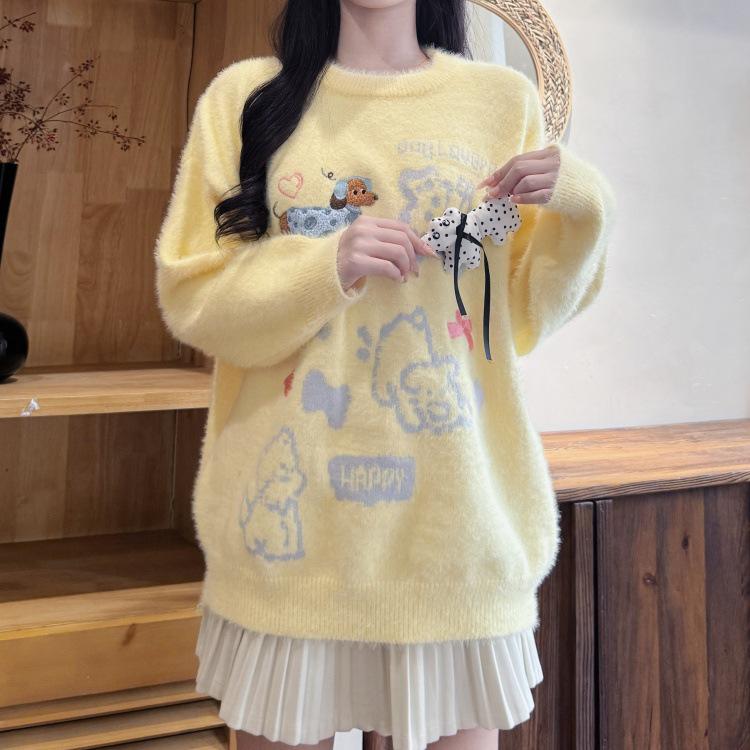 Plus Size Women's Bowknot Mohair Knit Sweater: Autumn/Winter Slimming Mink Velvet