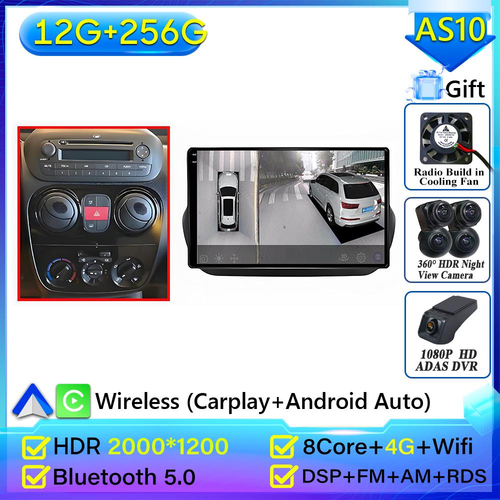 Autoradio Android 16 pour Fiat Fiorino Qubo 2008-2017, pour Citroën Nemo 2008-2017, pour Peugeot Bipper 2008-2017, Carplay 4G, sans 2din