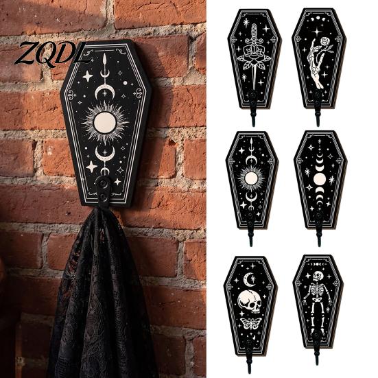 Entrance Hall Storage Halloween Gothic Wooden Wall Hook with Moon Star Skeleton Patterns, Decorative Retro Key Hanger for Bedroom Accessory