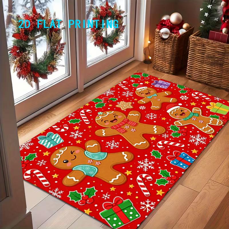 1pc, 2D Flat Printing, Christmas Gingerbread Man Holiday Door Mat, Red Festive Living Room Entrance Mat, Non-Slip Machine Washable Easy to Clean Polye