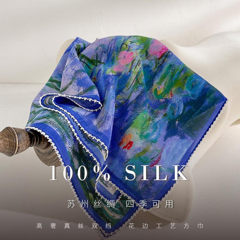 Premium design female 111% mulberry silk silk scarf classic retro silk double crepe lace square scarf oil painting style shawl