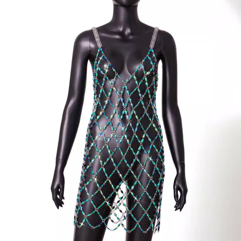 Пляжный отдых Сексуальный отпуск Сшитое вручную полое металлическое платье с цепочкой для тела