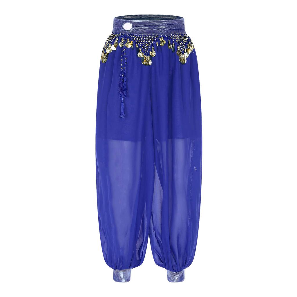 Womens Belly Dance Costume Chiffon Bloomers Plastic Beads Tassels Metallic Ruched Waistband Side Split Pants