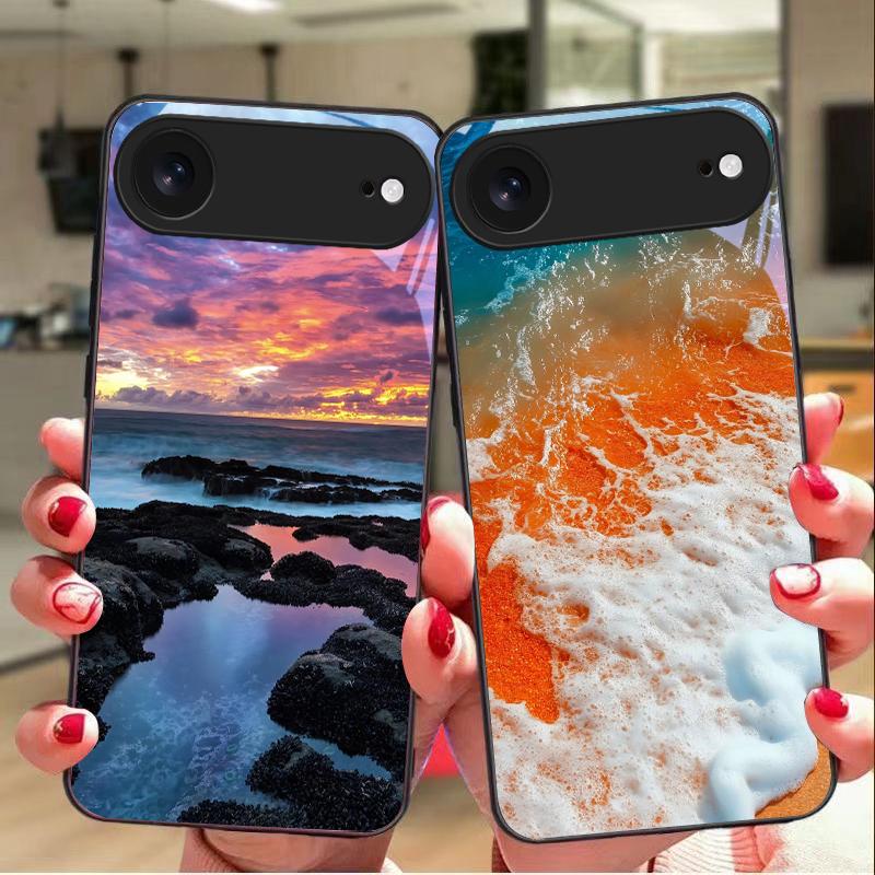Пейзаж с закатом на побережье Для iPhone 11 Pro 12 13 mini 14 15 Pro Max 16 E 17 Air XS Max XR 8 7 Plus SE 5 6 Черный стеклянный чехол для телефона