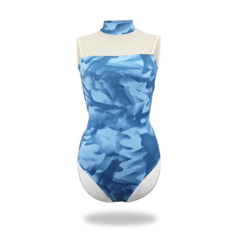 Womens Ballet Leotard High Neck Printed Mesh Backless Dancewear With Tie-Dye Detail