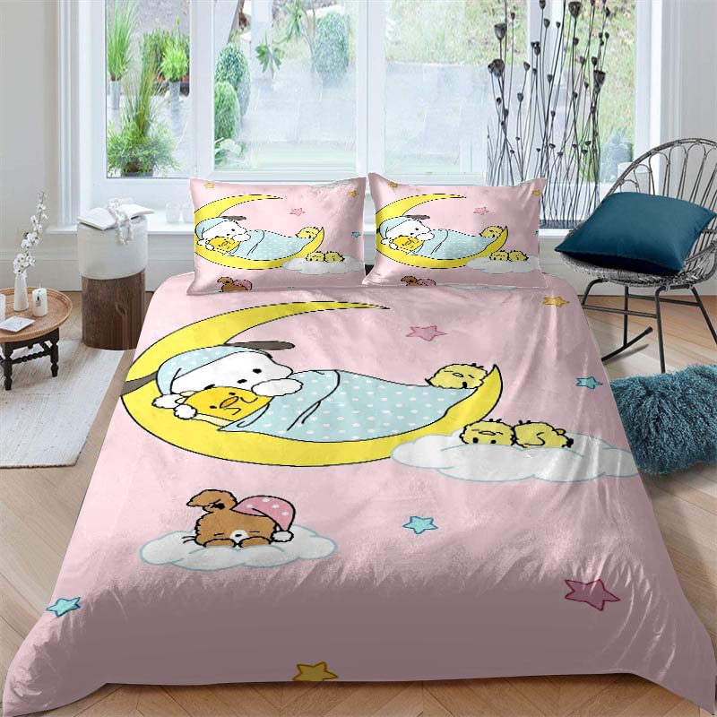The new cartoon Pochacco dog themed three piece bedding set for 2026, including duvet covers and pillowcases, is the perfect cho