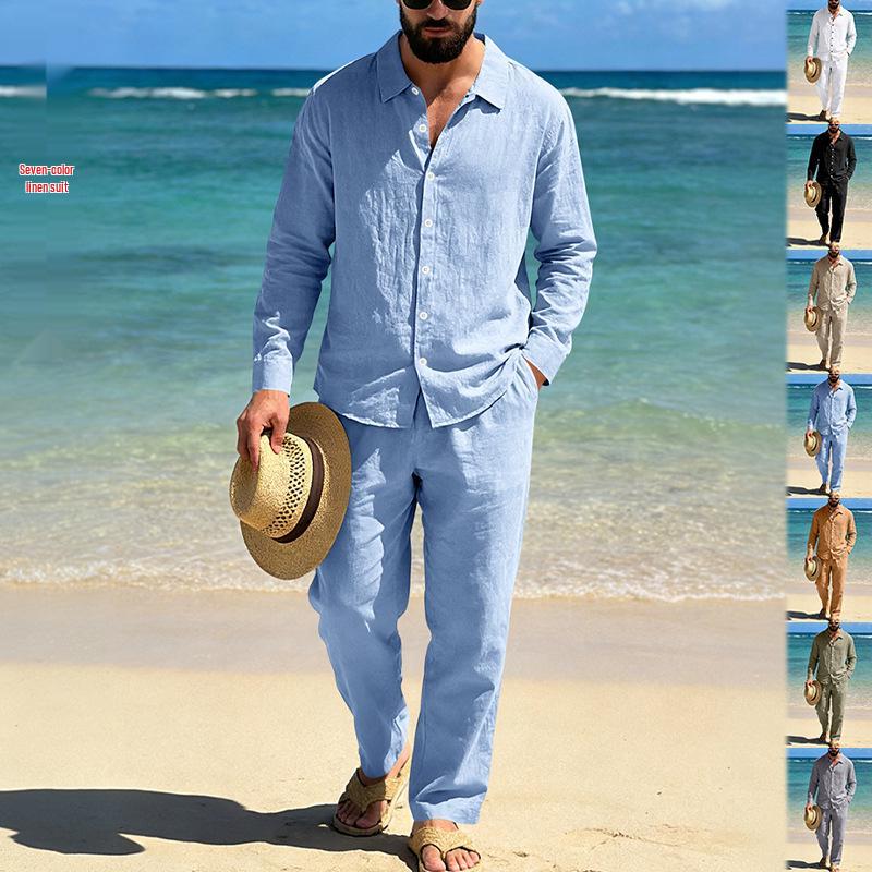 Men's European and American Linen Casual Beach Shirt and Long Pants Set