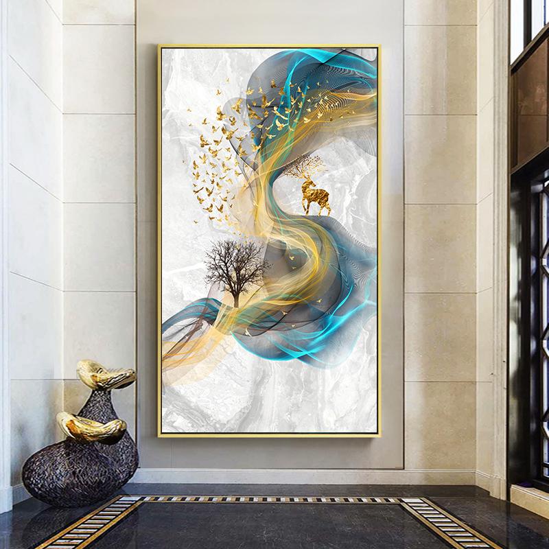 Скандинавская геометрическая настенная живопись на холсте, абстрактные золотые олени, птицы, постеры и принты, настенные панно для гостиной, домашний декор