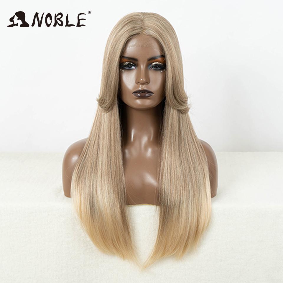 Noble Cosplay Synthetic Lace Front Wigs For Women Ombre Brown With Bangs 24 Inch Straight Lace Wig Highlight Glueless Lace Wig