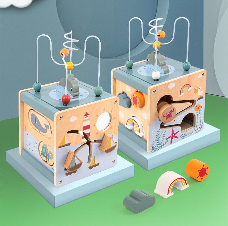 Wooden Activity Cube for Toddlers 5in1 Animal Shape Sorter Bead Maze Montessori Educational Toys Baby 6-12 Months Learning Toys