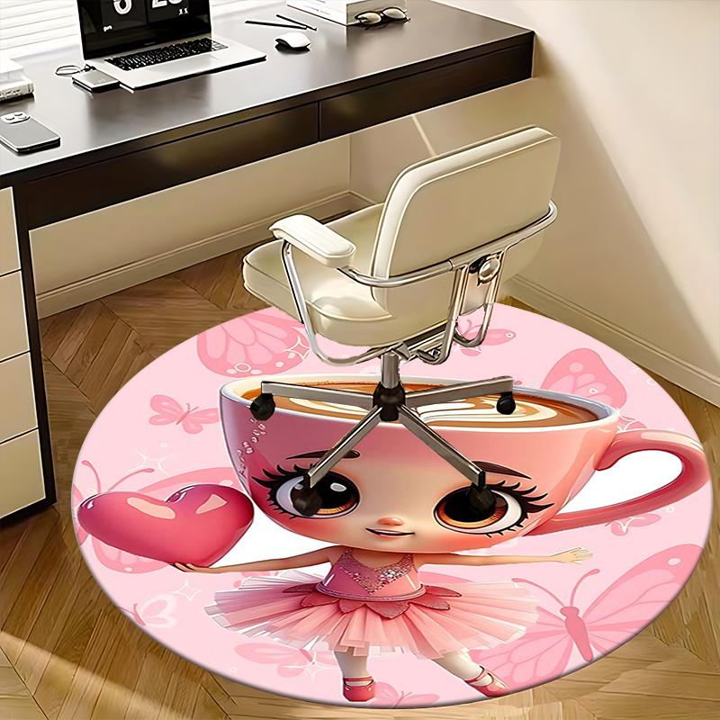 Coffee Cup Character,Pink Heart Ballerina Chair mat Round Rug-Office carpet, Machine Washable, Non-slip, Suitable for Living Rooms, Bedrooms