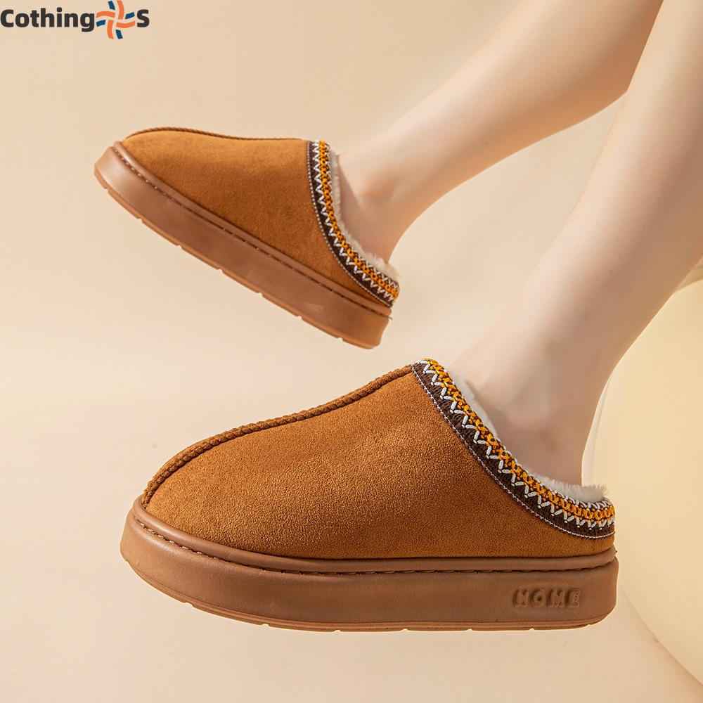Solid Color Faux Deerskin Velvet Splicing Home Slippers Thick Bottom Non-slip Lightweight Warm Cotton Slippers Female