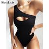 Sexy Black Ribbed One Shoulder Monokini Women Swimwear One Piece Swimsuit Female Bather Bathing Suit Swim Lady