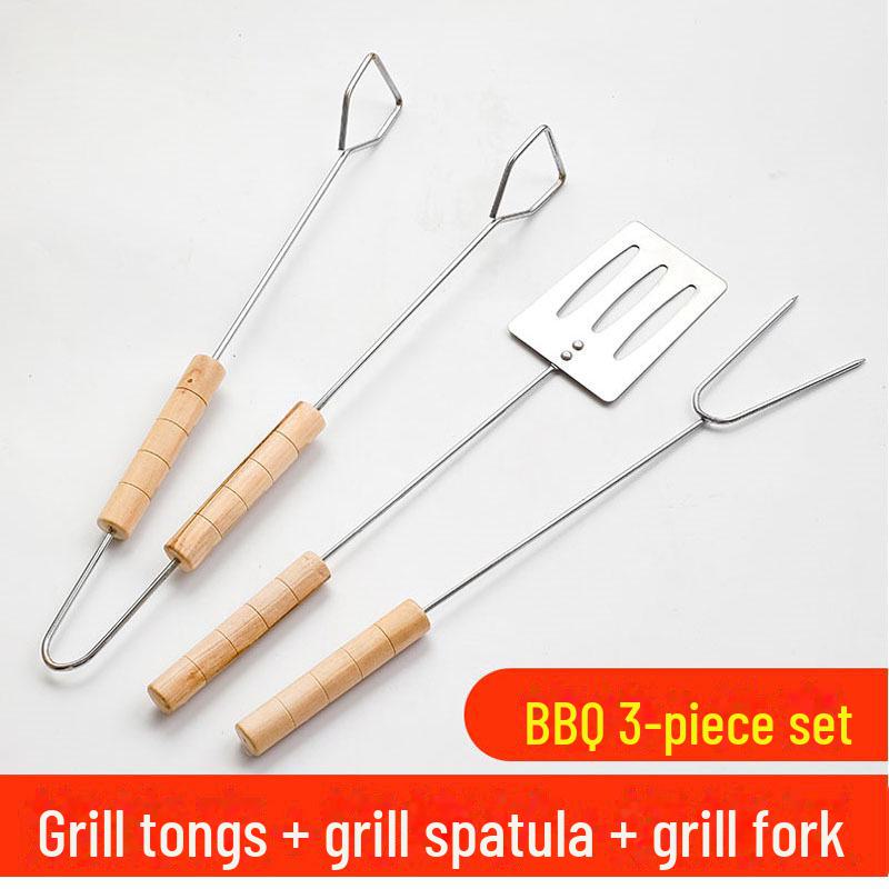 Набор инструментов из нержавеющей стали для барбекю Zibo Outdoor: Щипцы с деревянной ручкой, лопатка, вилка