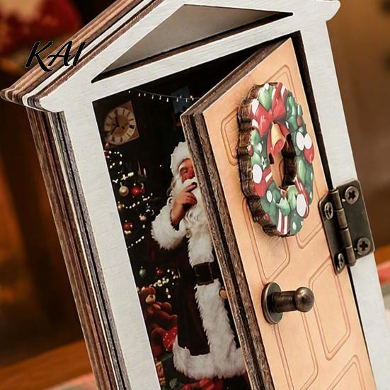 Metal Surface Decoration Elf Door Fridge Magnet with LED Light, Wooden Christmas Decorative Refrigerator Magnet, Openable Mini Magnetic for