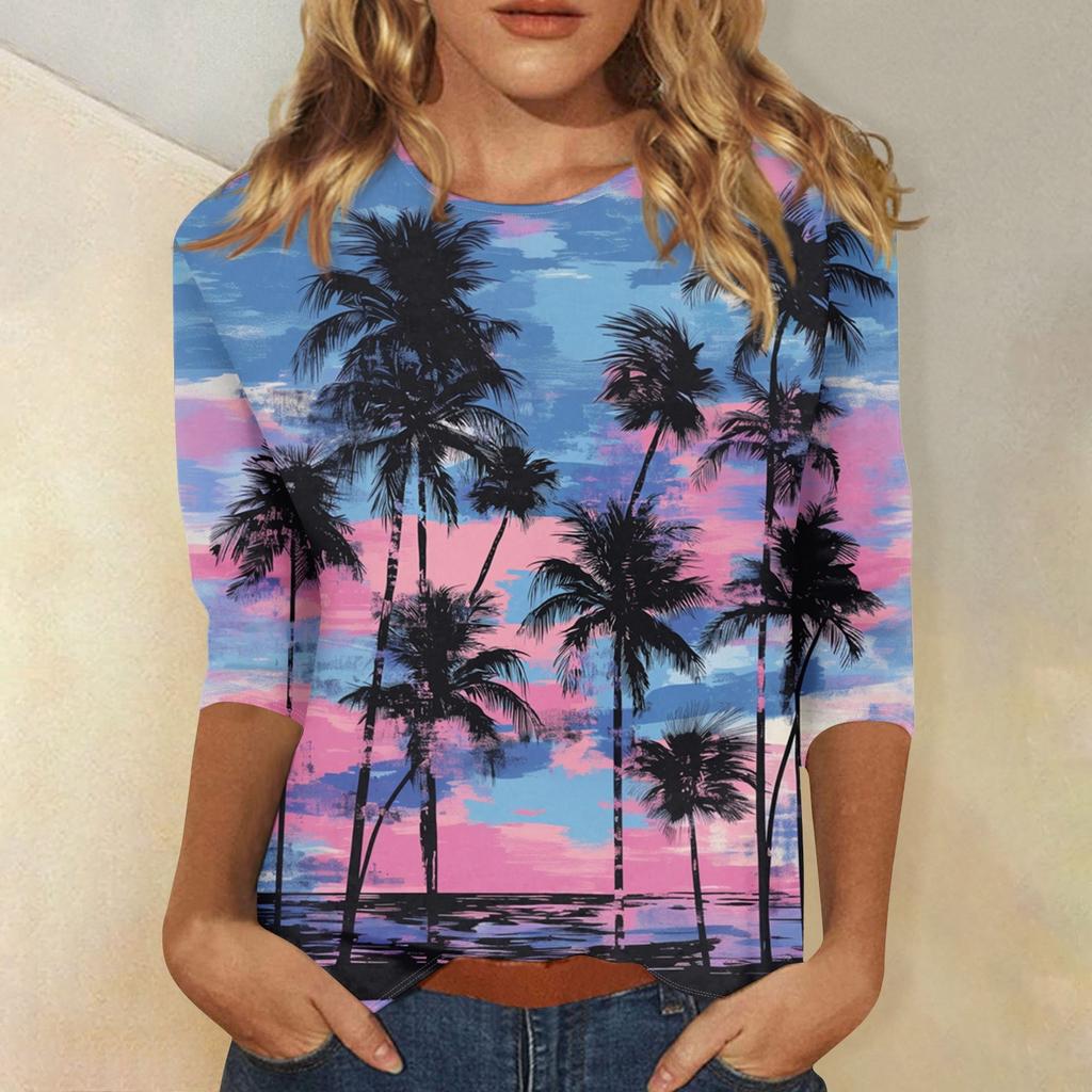 Женская модная повседневная футболка с круглым вырезом и рукавом 3/4, женский топ