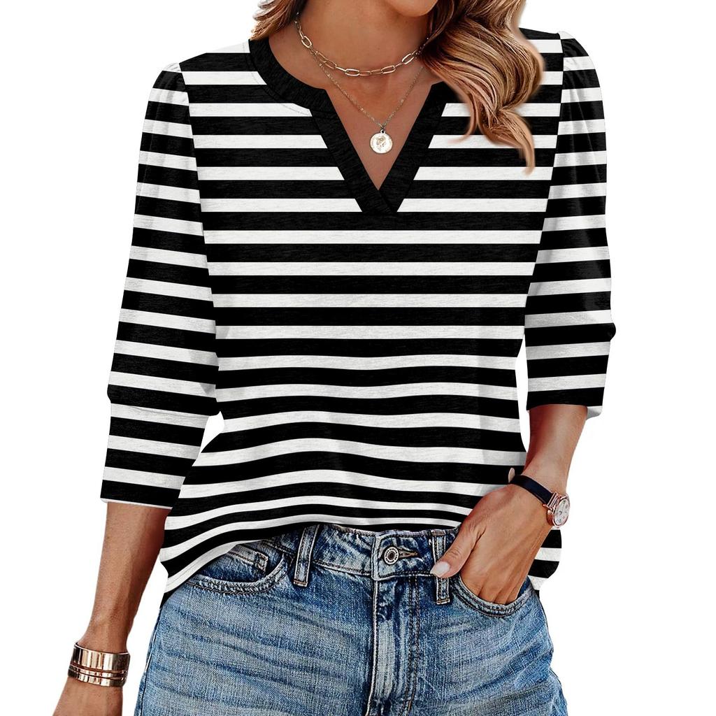 Women's Fashion Casual 3/4 Sleeve Print Shirt Women's V-Neck Tops
