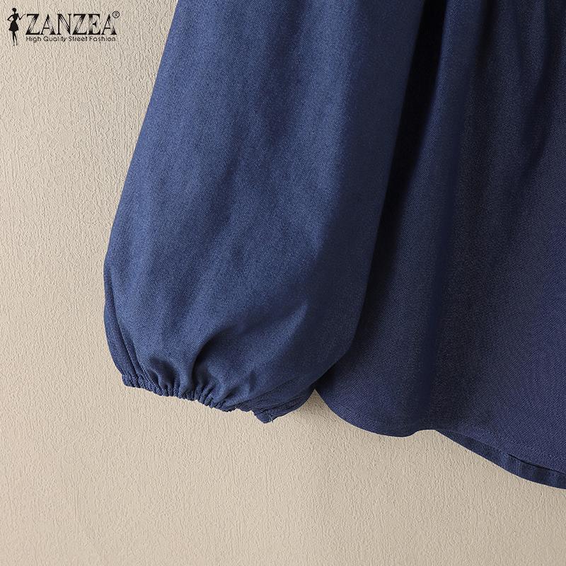 ZANZEA Женская повседневная свободная блузка из синего денима с V-образным вырезом и длинным рукавом