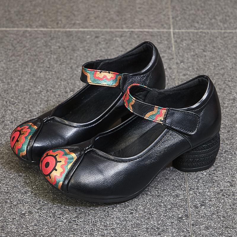 Shoes Women's Shoes Cowhide Chunky Heel Soft Bottom Non-slip Leather Shoes Ethnic Single Shoes