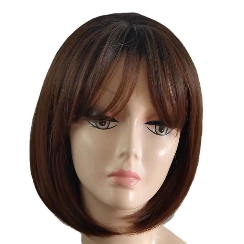 Womens Short Straight Bob Wig With Bangs Brown Heat Resistant Synthetic Hair Fashion Daily Wear