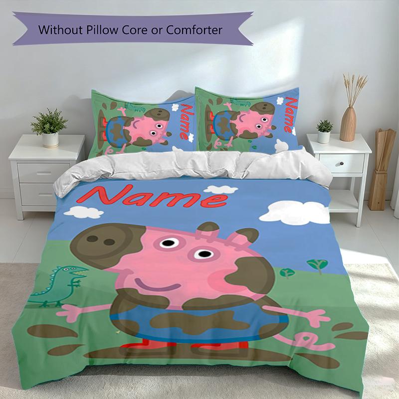3pcs Custom Name Peppa Pig Bedding Set,Includes 1 Duvet Cover and 2 Pillowcases,All-season Bedroom Decor