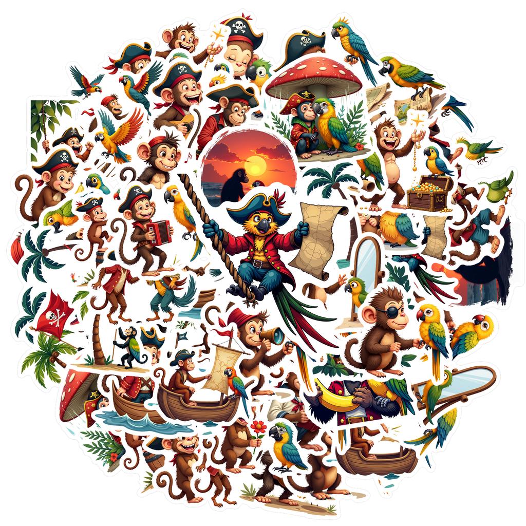 Waterproof Monkey Pirate Adventure Stickers! vinyl decals for laptops, luggage, and more. Fun animal themed stickers.