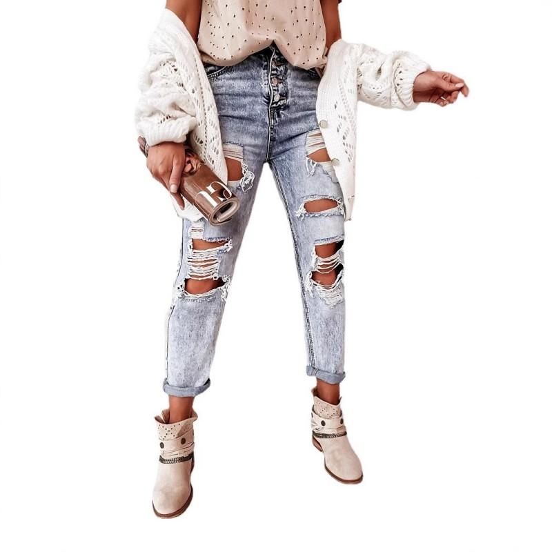 Womens Straight Cut Denim Jeans Mid Waist Washed Distressed Casual Pants Cotton Blend