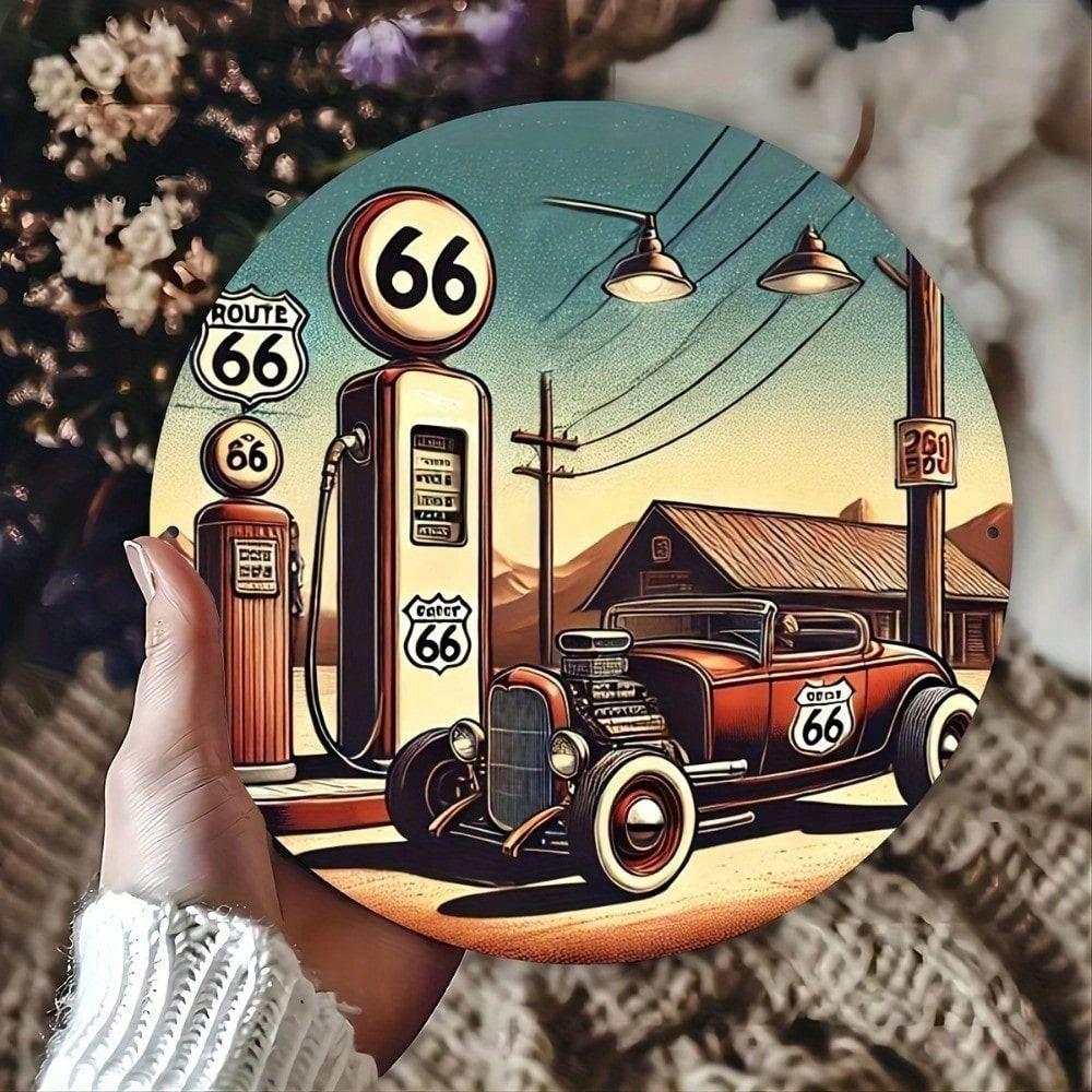 Круглая металлическая табличка Ретро Заправка Route 66 Настенное искусство Декор гаража
