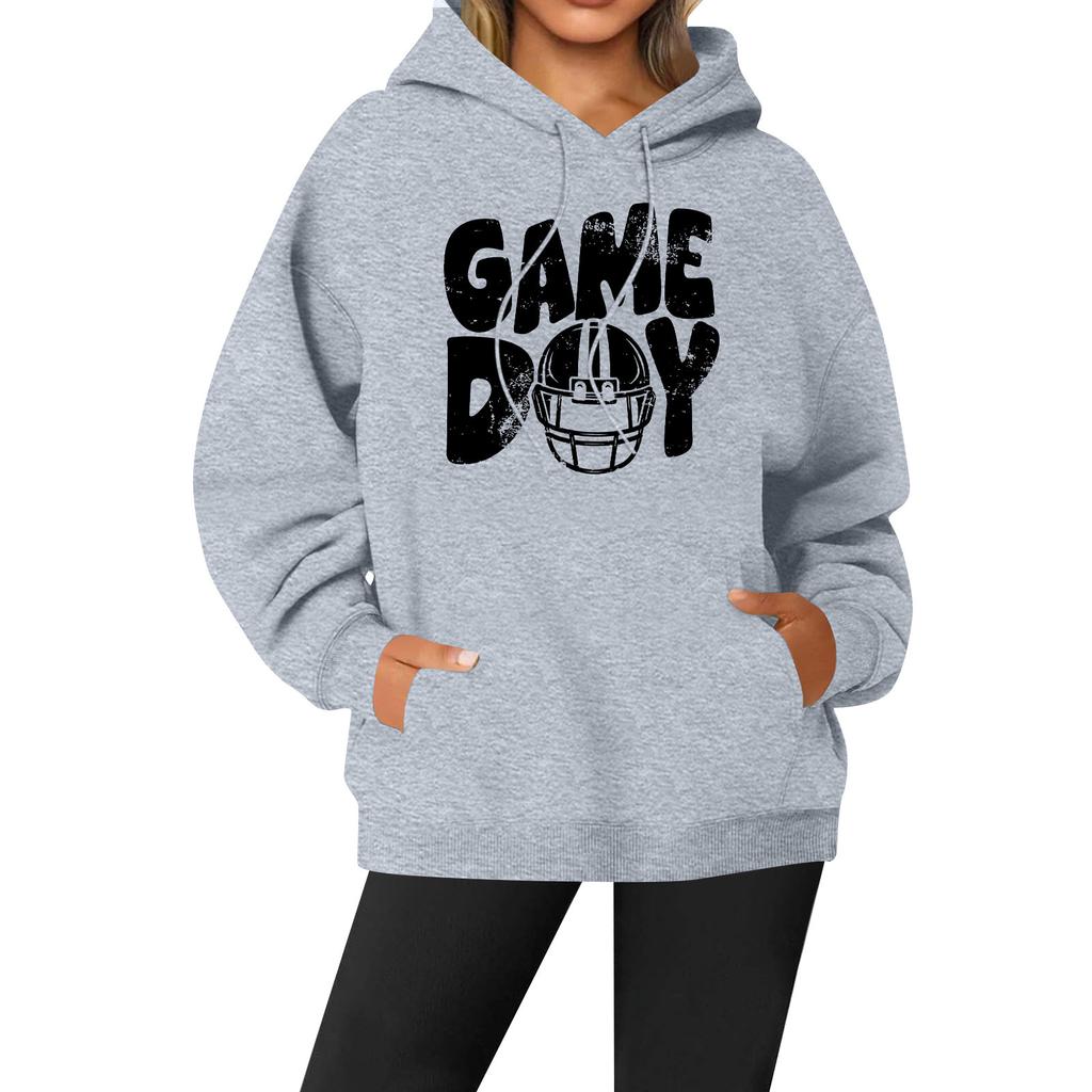 Women's Casual Fashion Solid Color Rugby Print Long Sleeve Hooded Sweatshirt Top