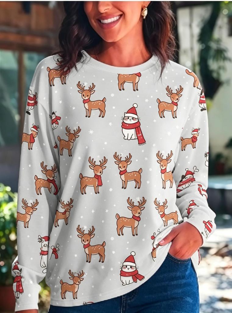 Women Long Sleeve Tee Top Christmas Cute Cat Print Autumn Fashion Casual Round Neck Sweatshirt Women's Clothes