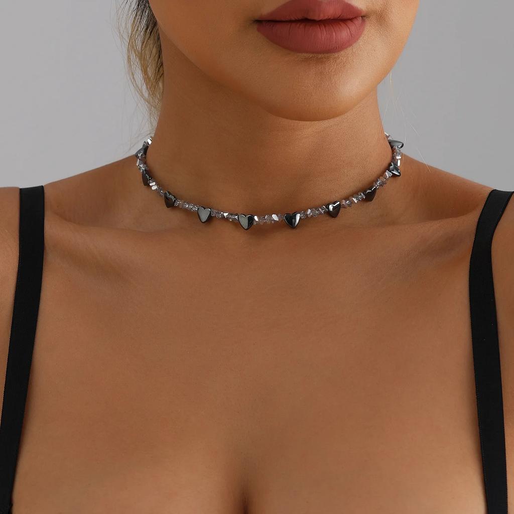 Ожерелье-чокер Сердце, вдохновленное роскошью, из черного обсидиана, стеклянных кристаллов и сплава, женское, элегантное, для наслаивания, для свидания