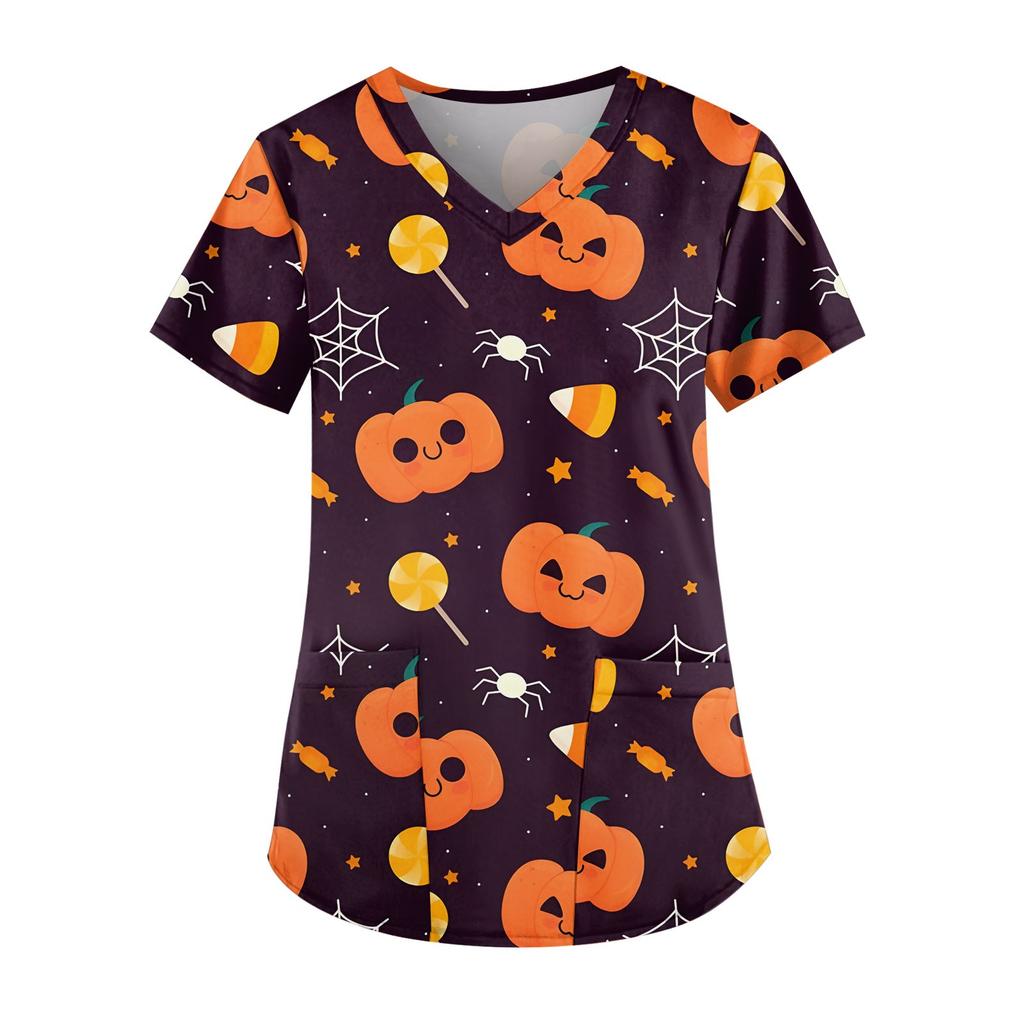 Женская мода V-образный вырез повседневные Хэллоуин принтованные топы с карманами рабочая одежда