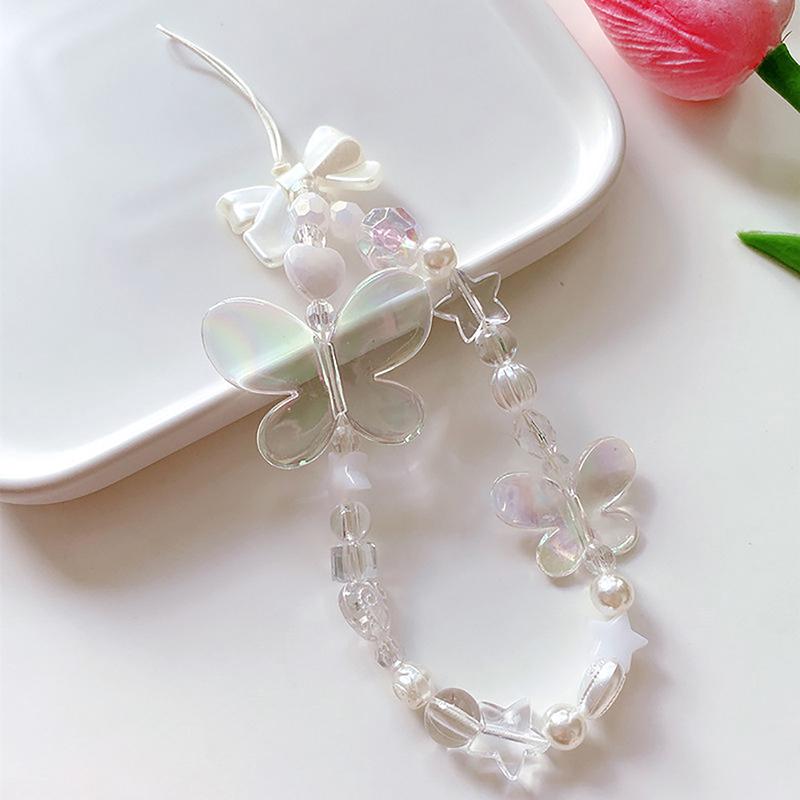 Прозрачная бабочка, искусственный жемчуг, бант в форме сердца, бисерный шнурок на запястье, цепочка для мобильного телефона, шнурок для мобильного телефона