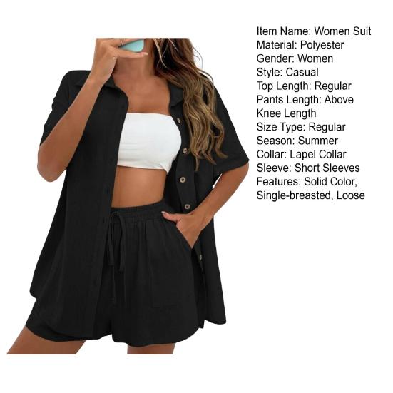 Женский комплект из 2 шт./компл., однотонный цветной воротник с лацканами, рубашка с короткими рукавами, шорты, блузка с высокой талией, свободная выше