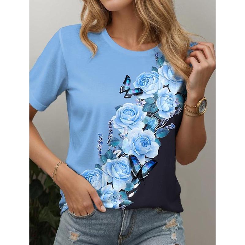 Summer V-neck 3D Floral Printed Top Fashionable Casual Short Sleeved Women's T-shirts
