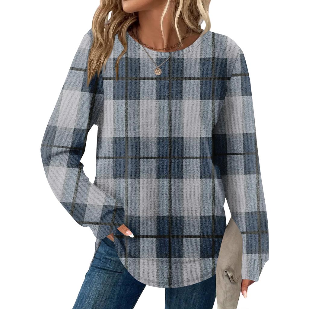 Женский повседневный топ свободного кроя с круглым вырезом и длинными рукавами в клетку