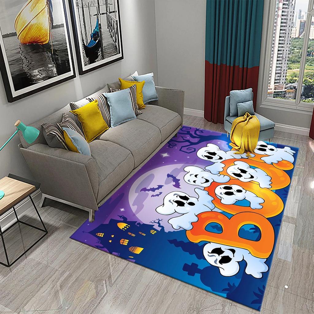 Halloween Theme Area Rug With Cartoon Ghost Pumpkin Bat Haunted House Artistic Patterns Soft Decorative Carpet For Living Room