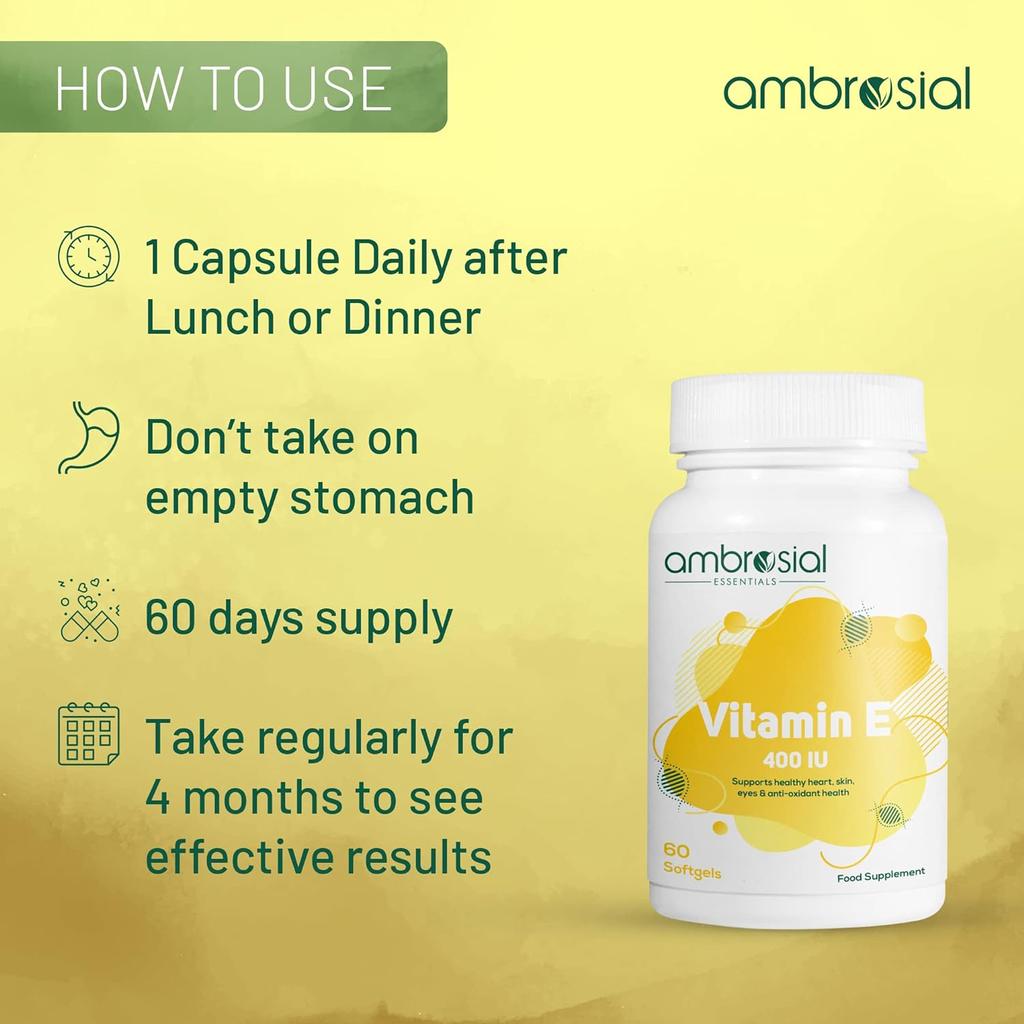 Ambrosial Витамин Е Капсулы для лица 400 МЕ | Натуральный и чистый витамин Е Масляные капсулы | Витамины для волос, кожи и ногтей (Упаковка из 1-60 мягких капсул)