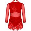 Girls Dance Costume Mesh Long Sleeve Shiny Sequins Hollow Back Patchwork Style Tassel Dress