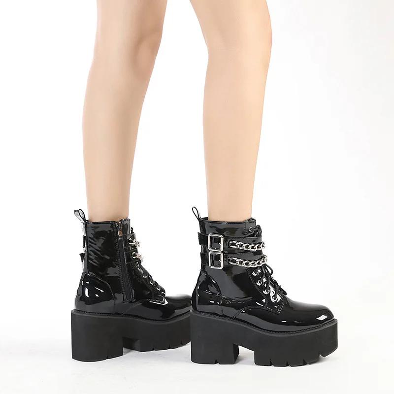 Leather Women Modern Boots Gothic Style Metal Bat Dark Black Platform Mid Calf Boots Chunky Heels Sexy Fashion High Heels