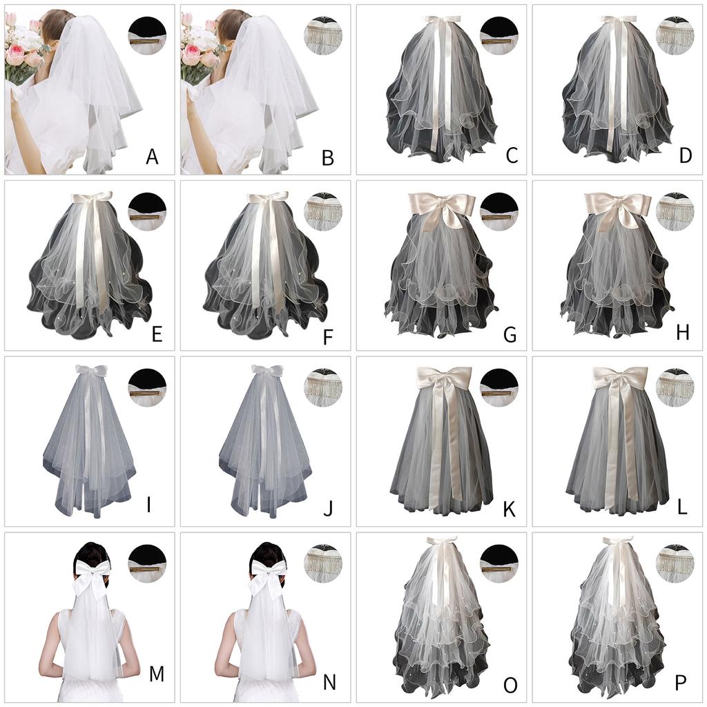 Свадебная кружевная фата для женщин, многослойная фатина для девичника, свадебная фата с жемчугом/бантом для свадебной вечеринки