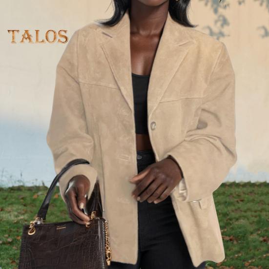 Женская куртка в винтажном стиле OL для поездок на работу, однобортное, с отложным воротником, однотонное, свободного покроя, средней длины, пальто на осень-зиму, повседневная верхняя одежда