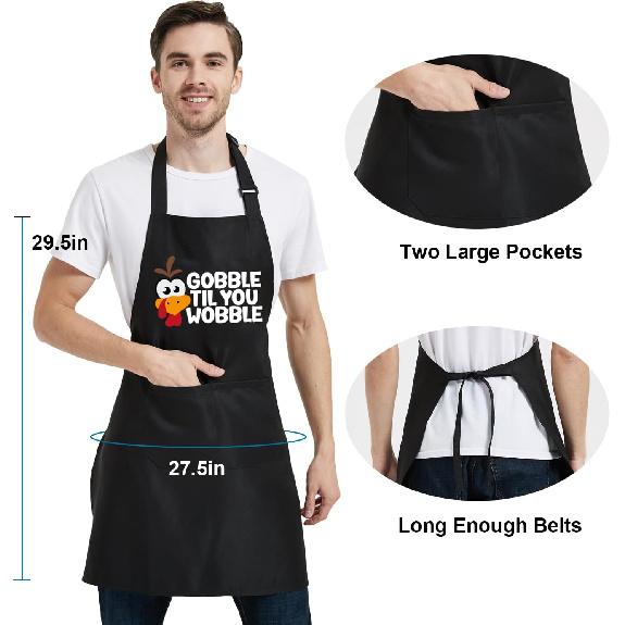 Thanksgiving Aprons for Women Men with Pockets, Gobble Til you Wobble Turkey Apron, Cooking Grill Gifts for Dad Mom