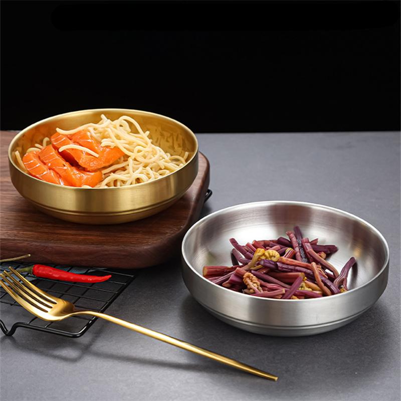 Double-layer Korea 304 Stainless Steel Bowls Rice Noodle Dishes Insulated Lunch Tableware Golden Restaurant Kitchen Supplies