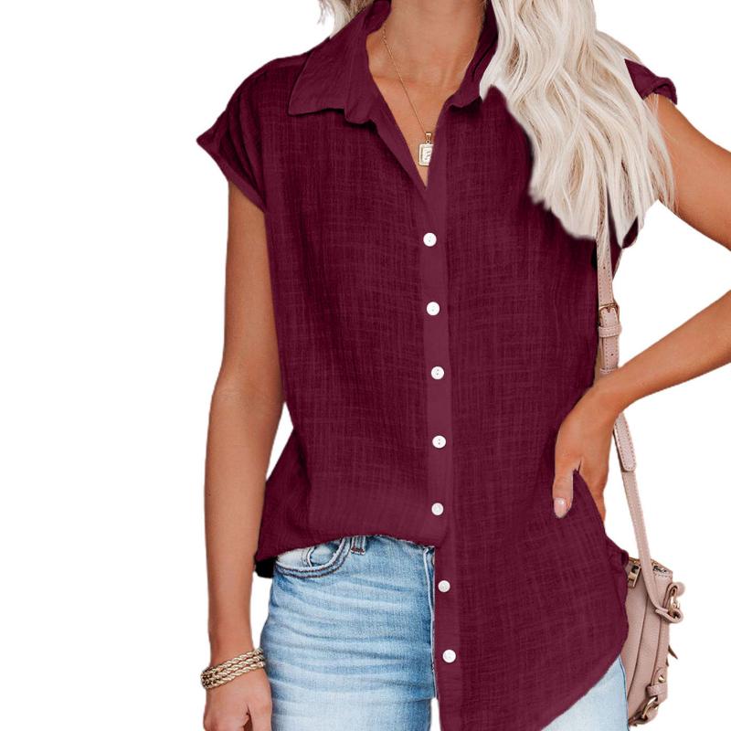 Женская однотонная хлопковая льняная блузка с коротким рукавом, весна-лето, рубашки большого размера на пуговицах, свободные длинные топы с лацканами больших размеров